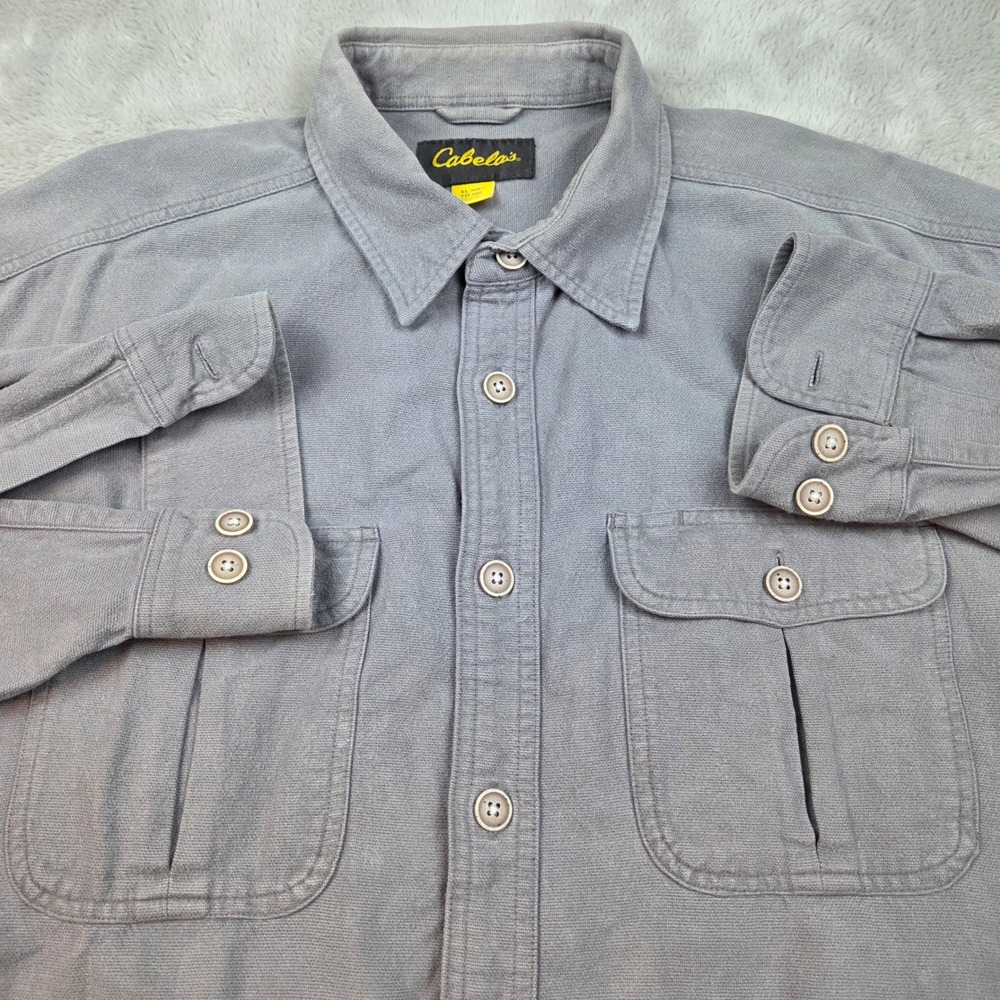 Cabela's Cotton Button Down Shirt Mens XL Reg Heavy Twill Long Sleeve Grey Blue